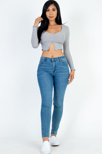 Casual Basics Ribbed Button Front Split Long Sleeve Crop Top - ShopRbls