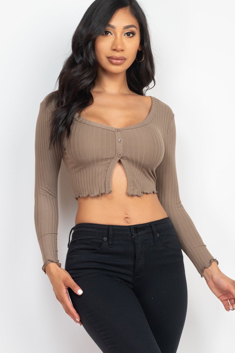 Casual Basics Ribbed Button Front Split Long Sleeve Crop Top - ShopRbls