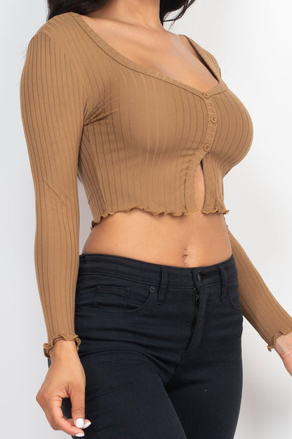 Casual Basics Ribbed Button Front Split Long Sleeve Crop Top - ShopRbls