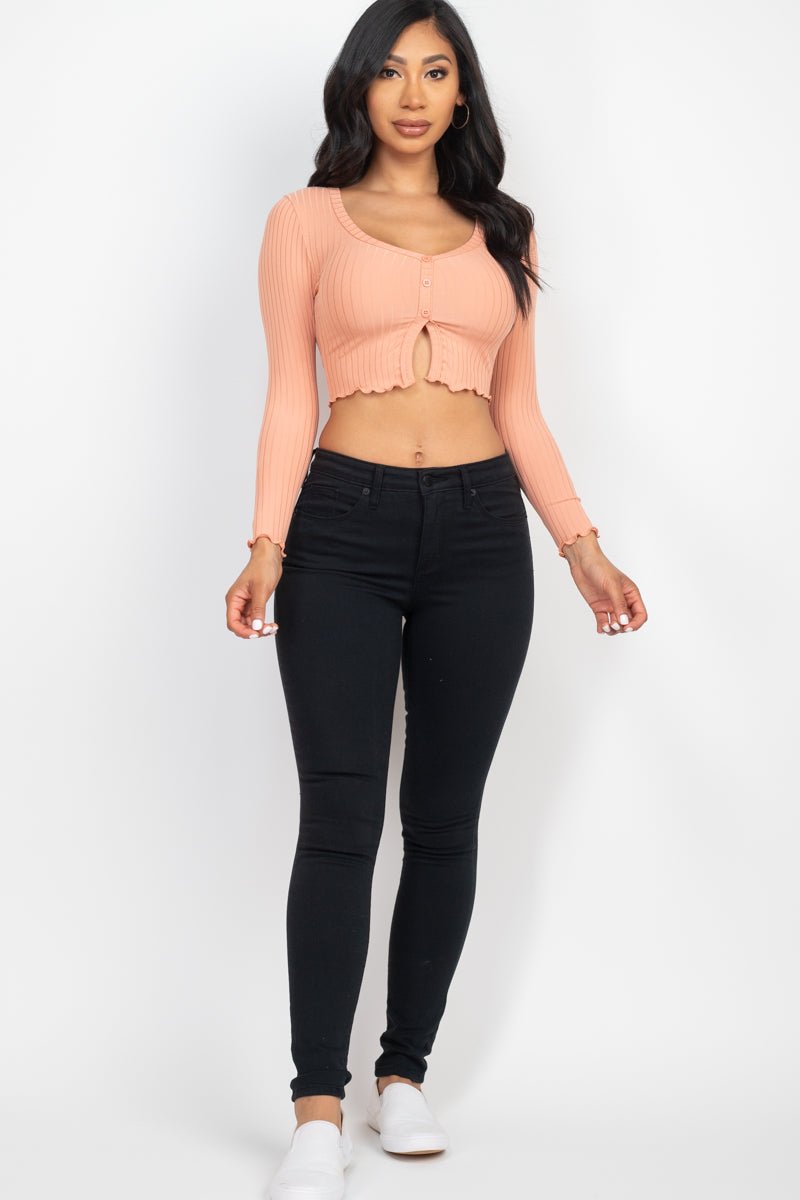 Casual Basics Ribbed Button Front Split Long Sleeve Crop Top - ShopRbls
