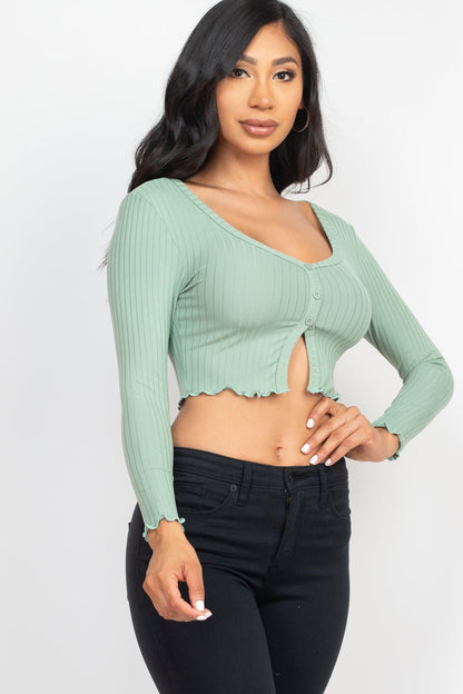 Casual Basics Ribbed Button Front Split Long Sleeve Crop Top - ShopRbls