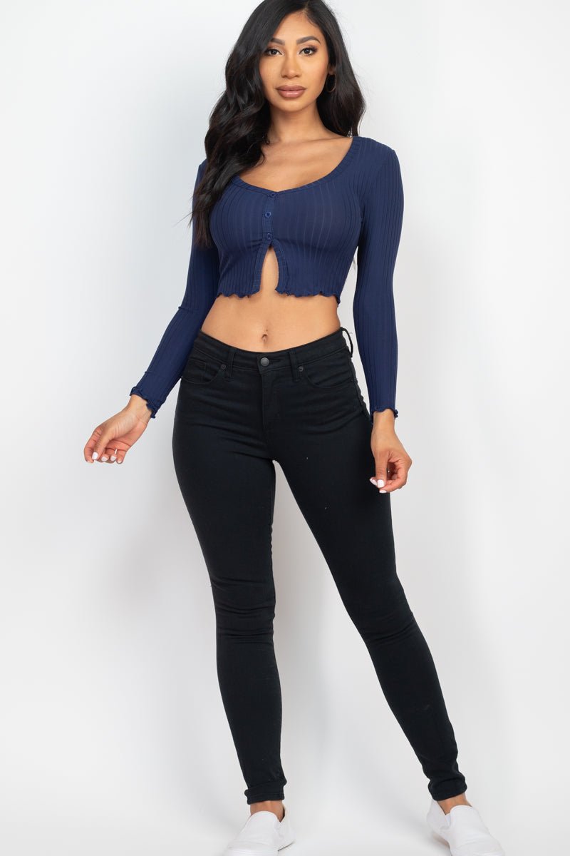 Casual Basics Ribbed Button Front Split Long Sleeve Crop Top - ShopRbls