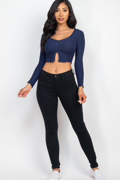 Casual Basics Ribbed Button Front Split Long Sleeve Crop Top - ShopRbls