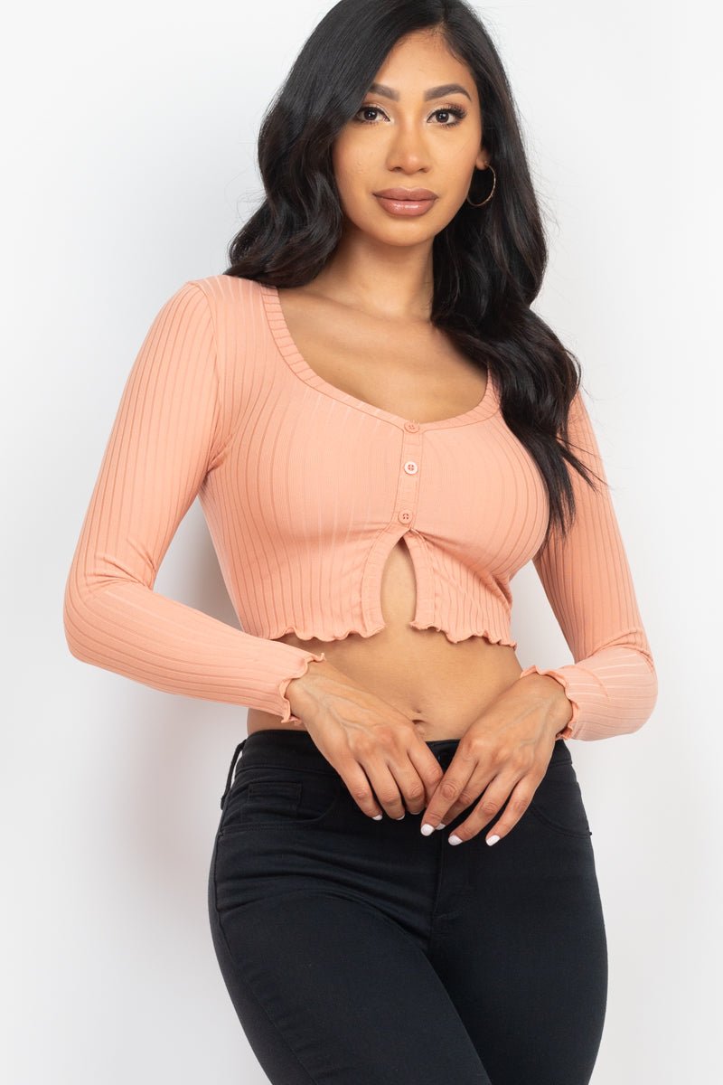 Casual Basics Ribbed Button Front Split Long Sleeve Crop Top - ShopRbls