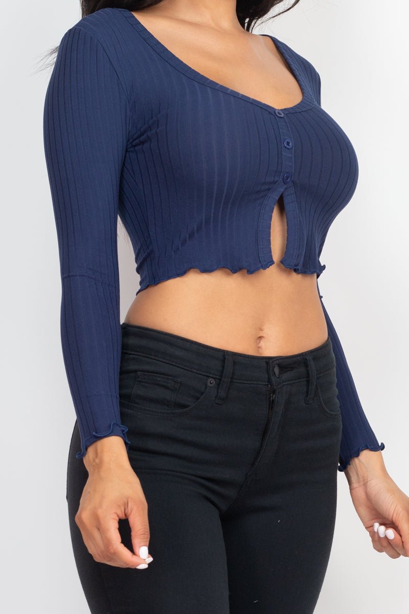 Casual Basics Ribbed Button Front Split Long Sleeve Crop Top - ShopRbls