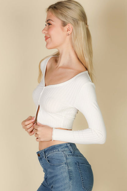 Casual Basics Ribbed Button Front Split Long Sleeve Crop Top - ShopRbls