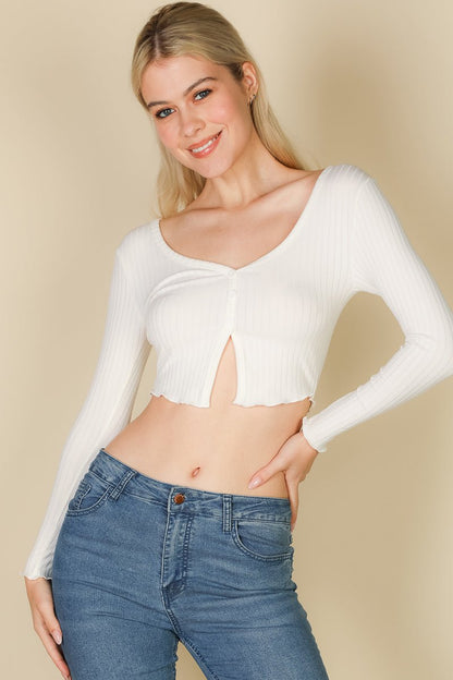 Casual Basics Ribbed Button Front Split Long Sleeve Crop Top - ShopRbls