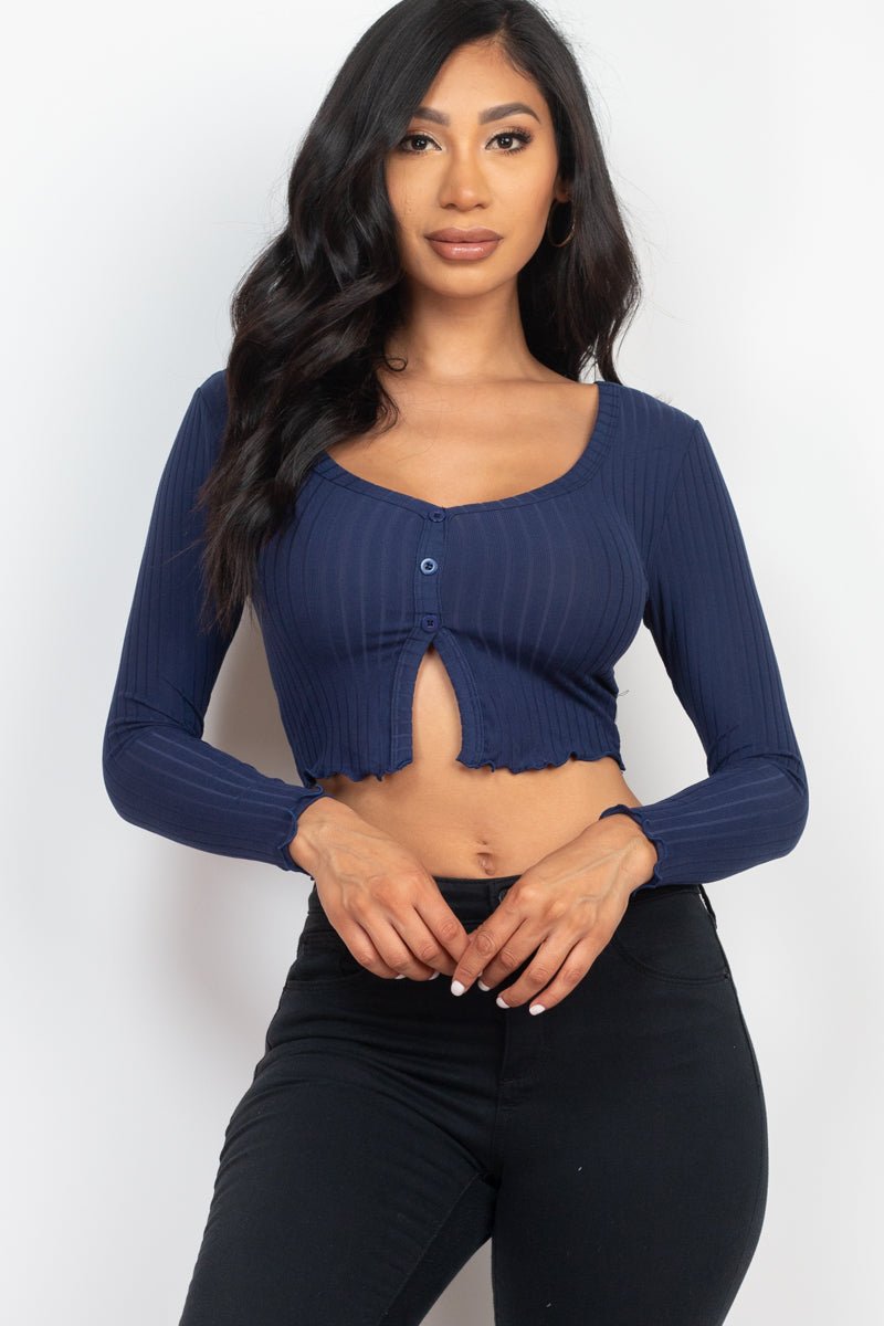 Casual Basics Ribbed Button Front Split Long Sleeve Crop Top - ShopRbls