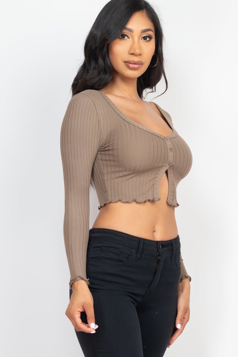 Casual Basics Ribbed Button Front Split Long Sleeve Crop Top - ShopRbls