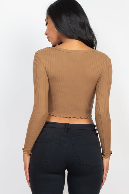 Casual Basics Ribbed Button Front Split Long Sleeve Crop Top - ShopRbls