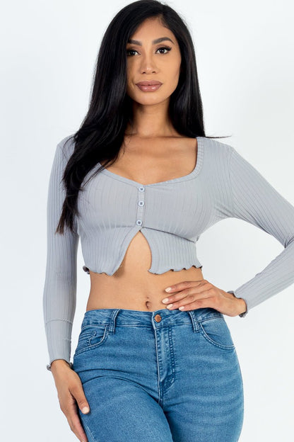 Casual Basics Ribbed Button Front Split Long Sleeve Crop Top - ShopRbls