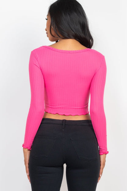 Casual Basics Ribbed Button Front Split Long Sleeve Crop Top - ShopRbls