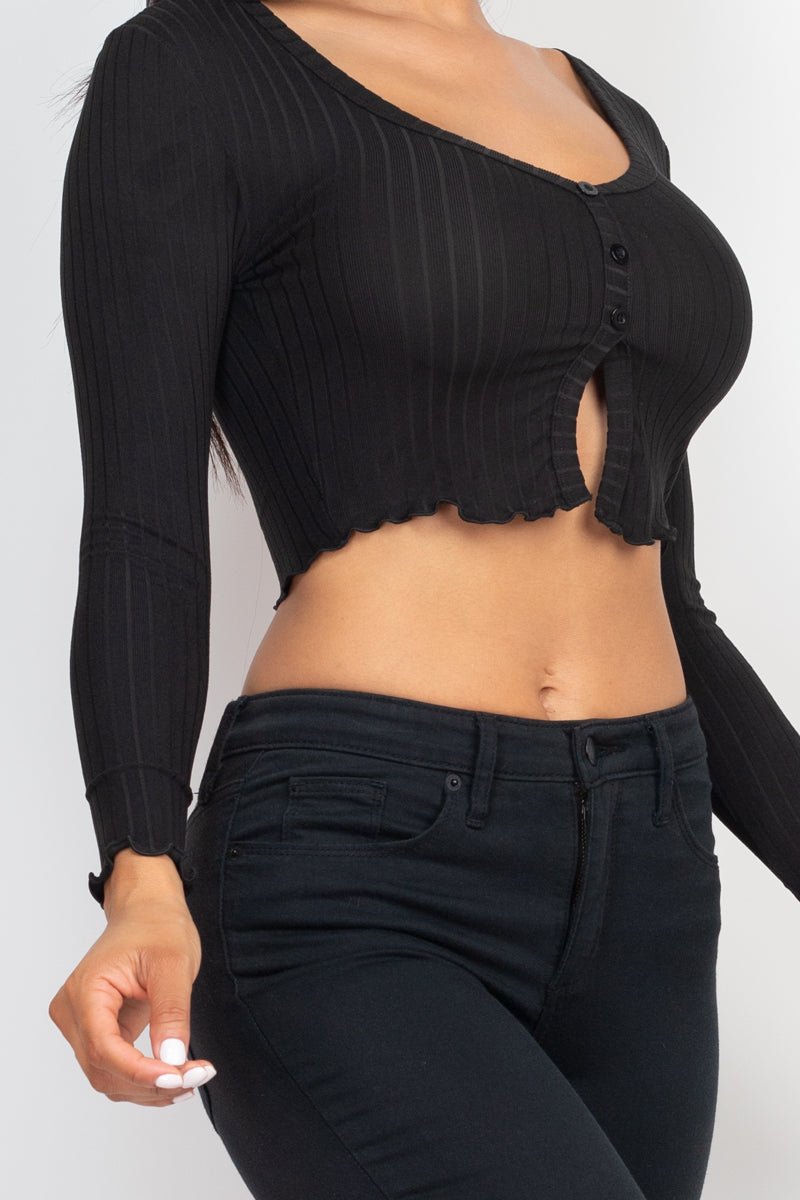 Casual Basics Ribbed Button Front Split Long Sleeve Crop Top - ShopRbls