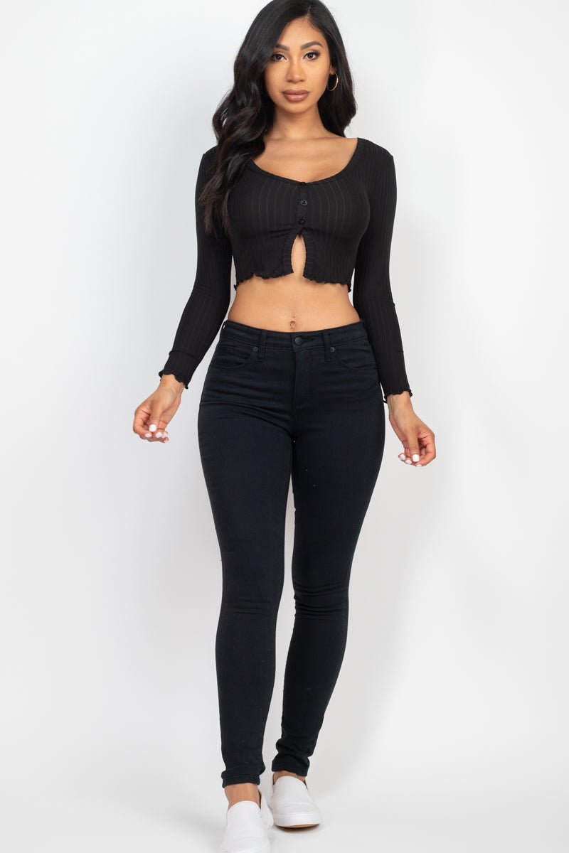 Casual Basics Ribbed Button Front Split Long Sleeve Crop Top - ShopRbls