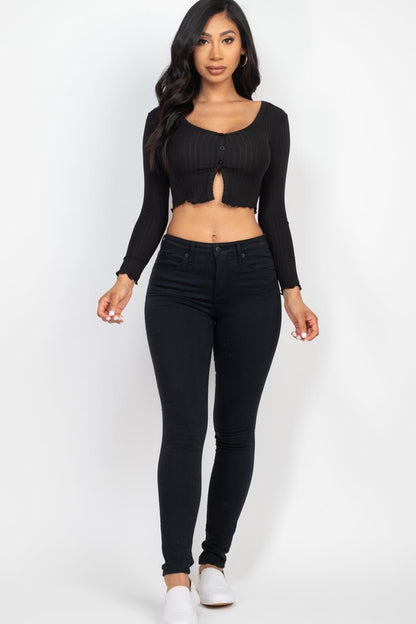 Casual Basics Ribbed Button Front Split Long Sleeve Crop Top - ShopRbls