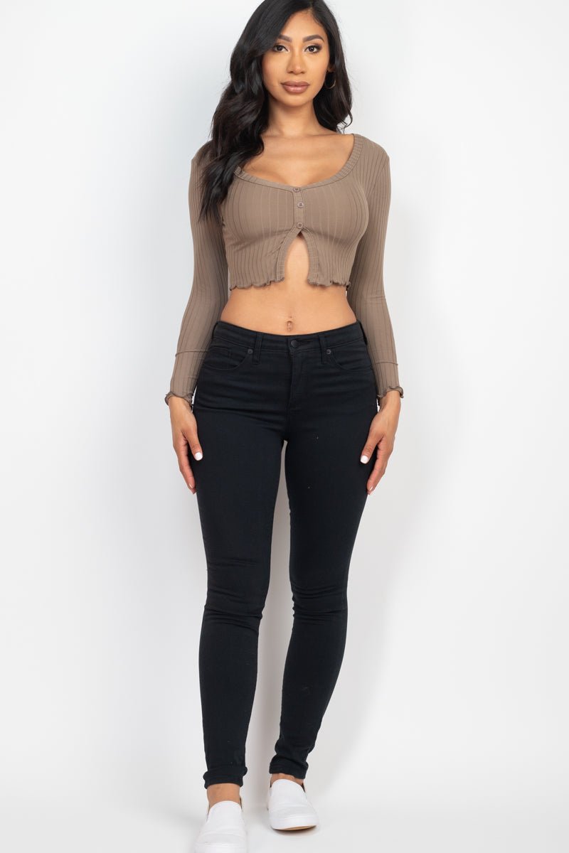 Casual Basics Ribbed Button Front Split Long Sleeve Crop Top - ShopRbls