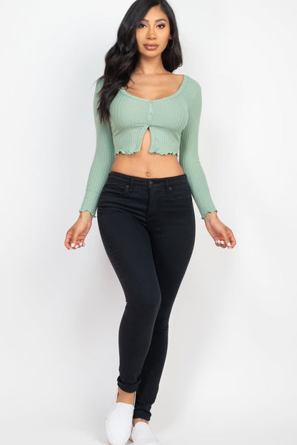 Casual Basics Ribbed Button Front Split Long Sleeve Crop Top - ShopRbls