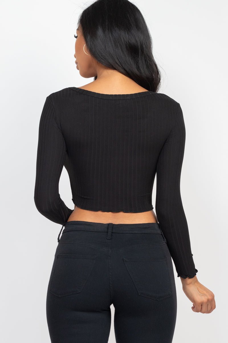 Casual Basics Ribbed Button Front Split Long Sleeve Crop Top - ShopRbls