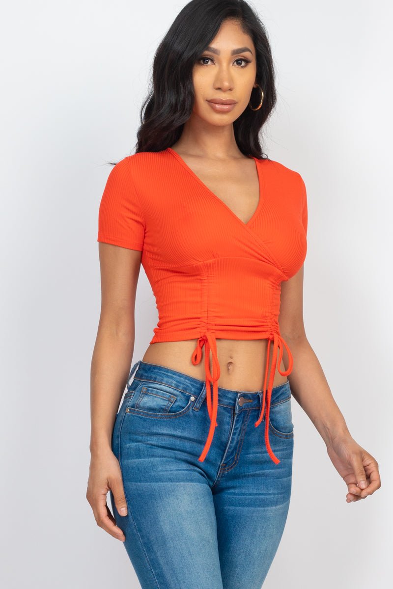 Casual Basics Ribbed Ruched Drawstring Surplice Top - ShopRbls