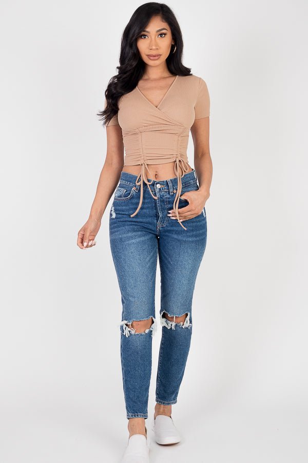 Casual Basics Ribbed Ruched Drawstring Surplice Top - ShopRbls