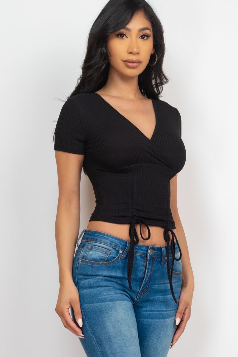 Casual Basics Ribbed Ruched Drawstring Surplice Top - ShopRbls