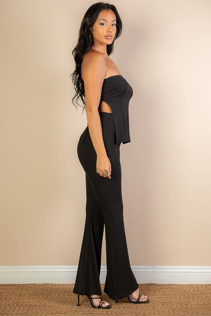 Casual Basics Ribbed Side Slit Bandeau Top &amp; Flare Pants Set - ShopRbls