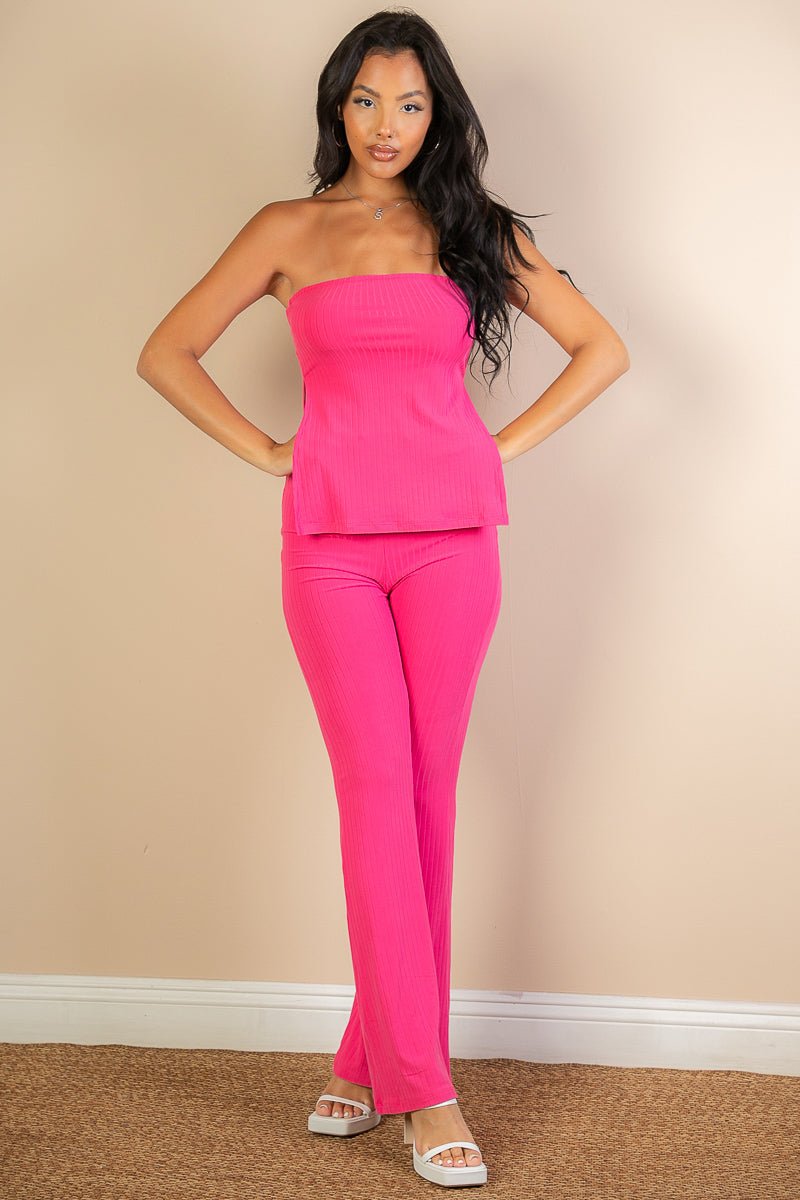 Casual Basics Ribbed Side Slit Bandeau Top &amp; Flare Pants Set - ShopRbls