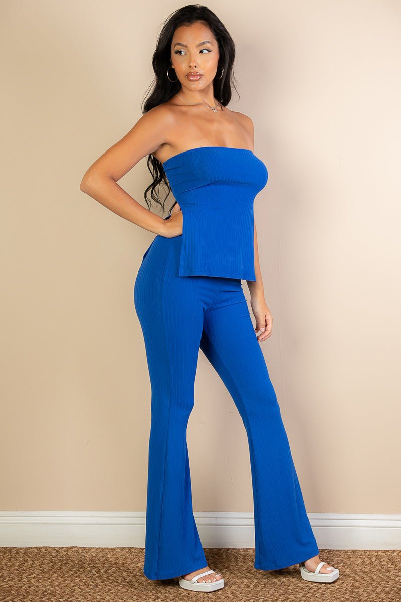 Casual Basics Ribbed Side Slit Bandeau Top &amp; Flare Pants Set - ShopRbls