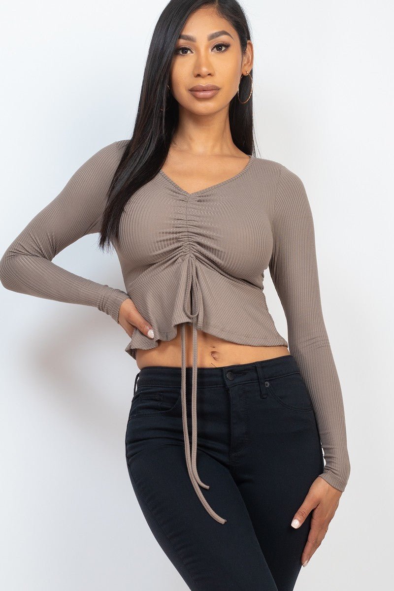 Casual Essentials Drawstring Front Long Sleeve Peplum Top - ShopRbls