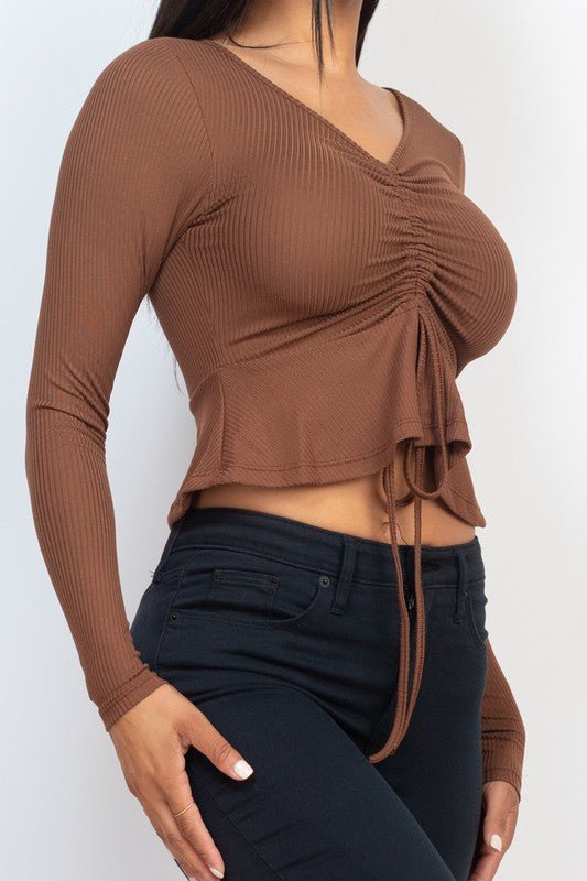 Casual Essentials Drawstring Front Long Sleeve Peplum Top - ShopRbls