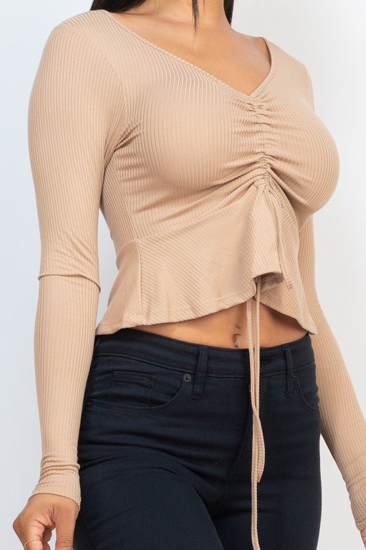 Casual Essentials Drawstring Front Long Sleeve Peplum Top - ShopRbls