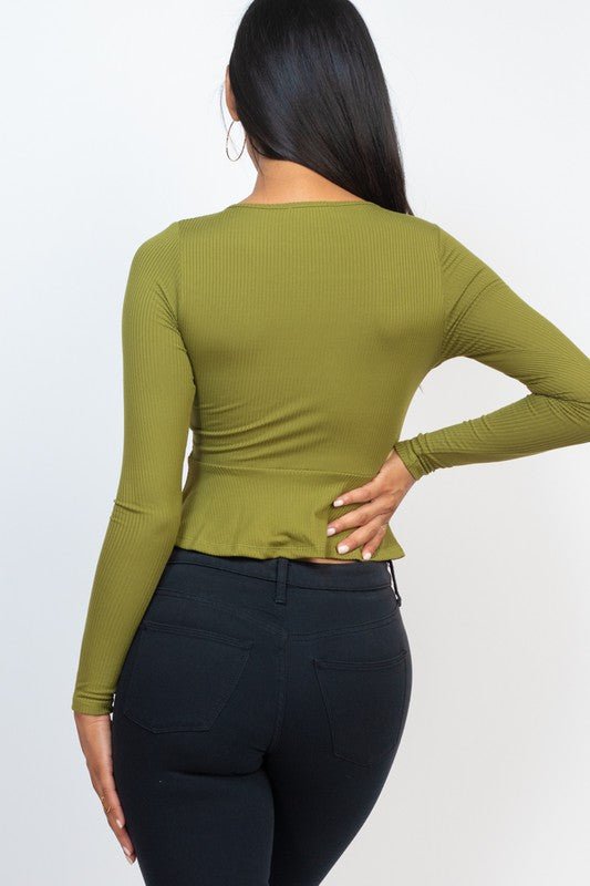 Casual Essentials Drawstring Front Long Sleeve Peplum Top - ShopRbls