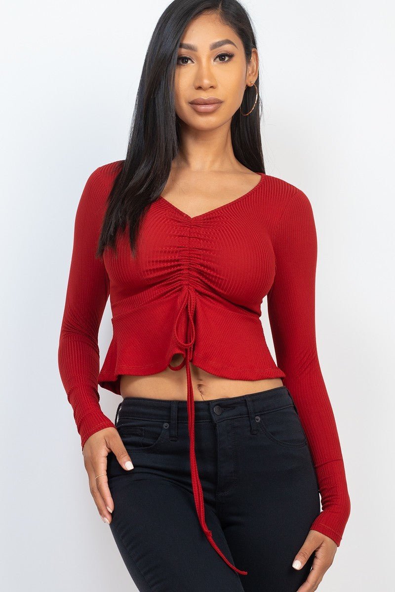 Casual Essentials Drawstring Front Long Sleeve Peplum Top - ShopRbls