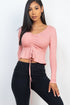 Casual Essentials Drawstring Front Long Sleeve Peplum Top - ShopRbls