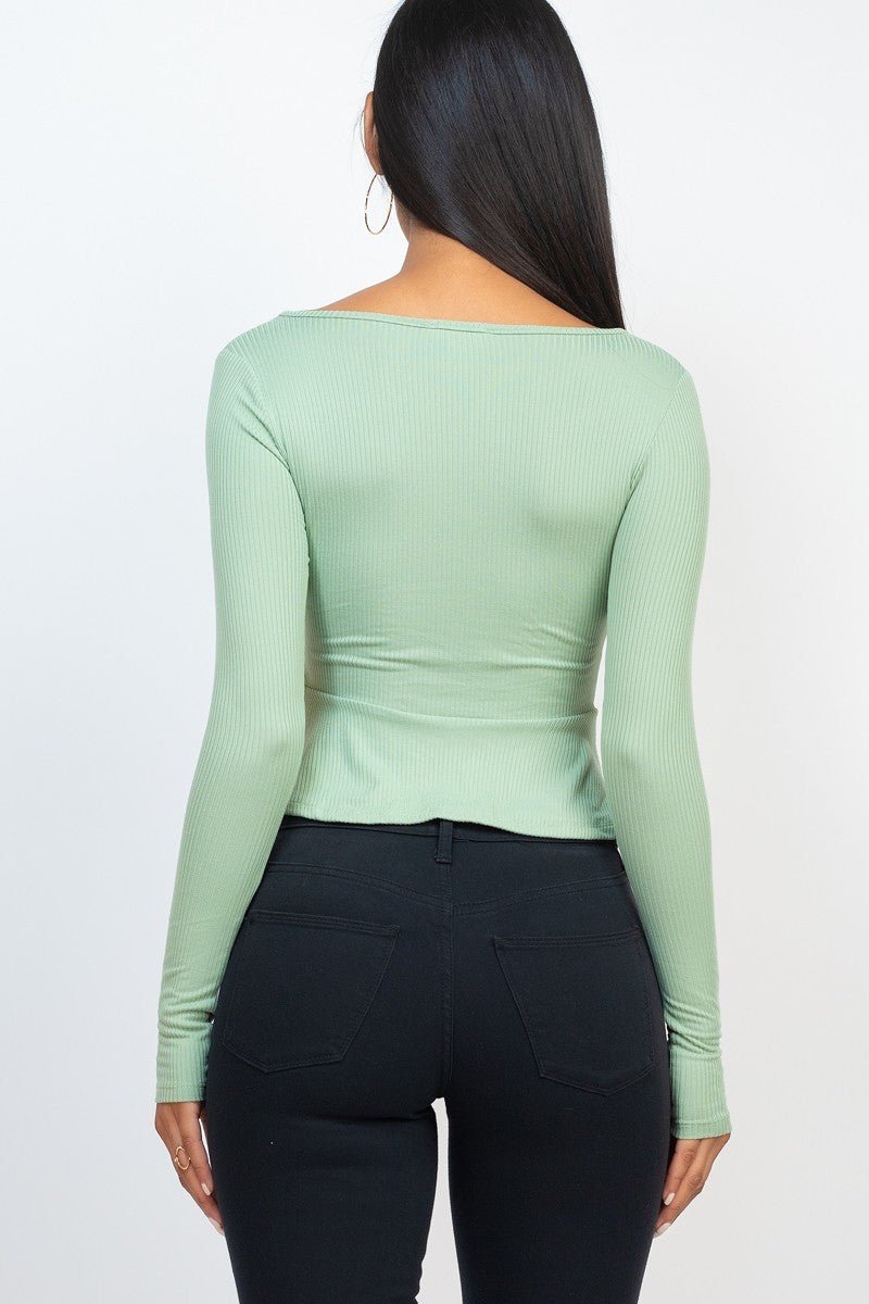 Casual Essentials Drawstring Front Long Sleeve Peplum Top - ShopRbls