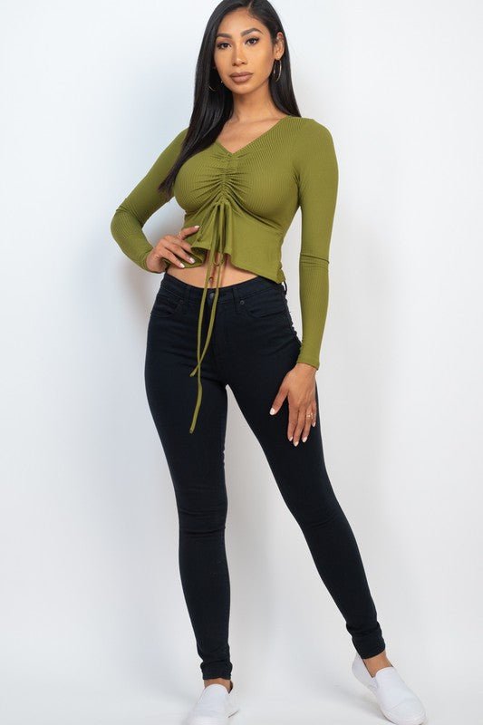 Casual Essentials Drawstring Front Long Sleeve Peplum Top - ShopRbls