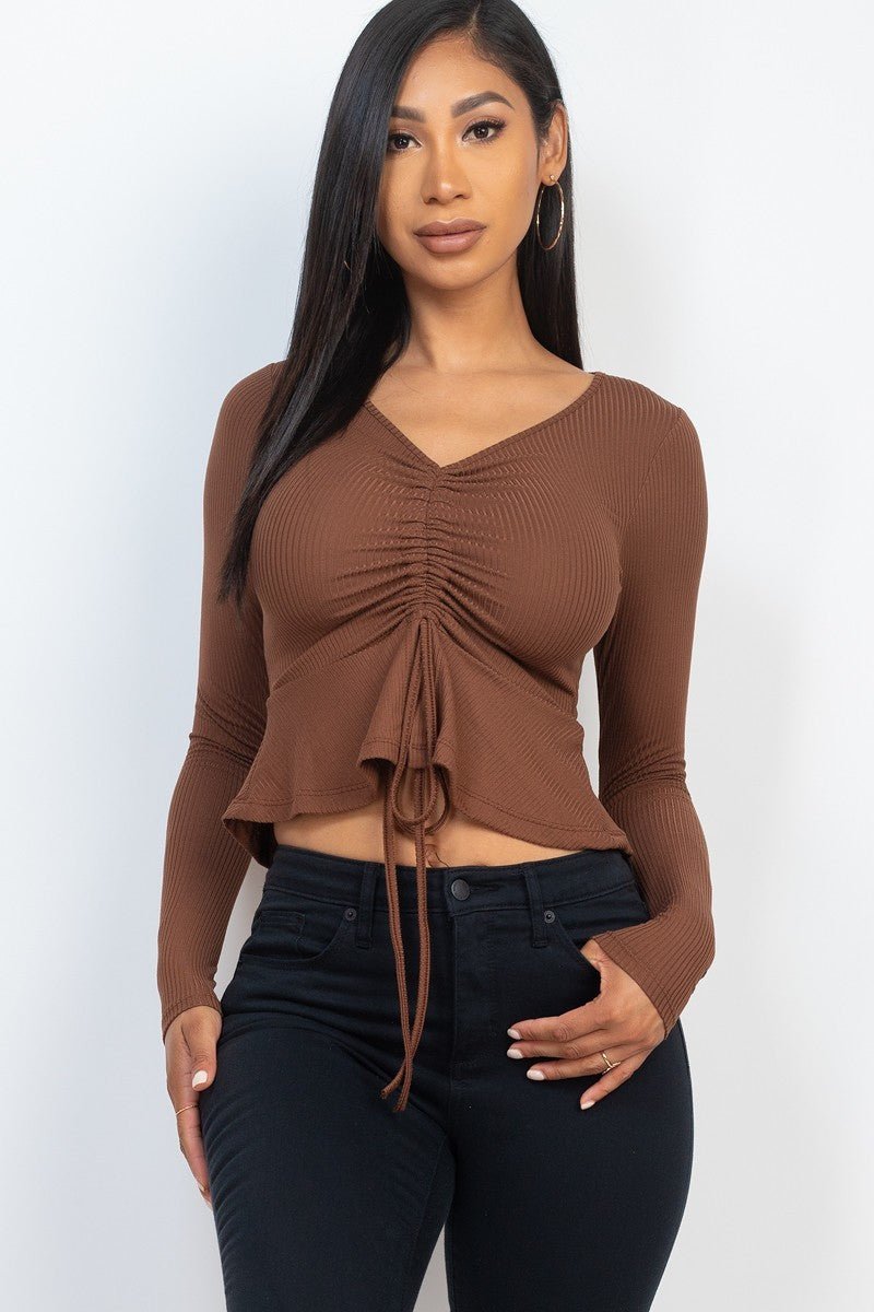 Casual Essentials Drawstring Front Long Sleeve Peplum Top - ShopRbls