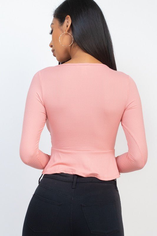 Casual Essentials Drawstring Front Long Sleeve Peplum Top - ShopRbls