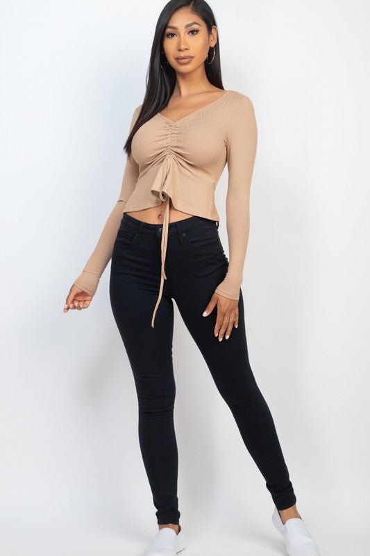 Casual Essentials Drawstring Front Long Sleeve Peplum Top - ShopRbls