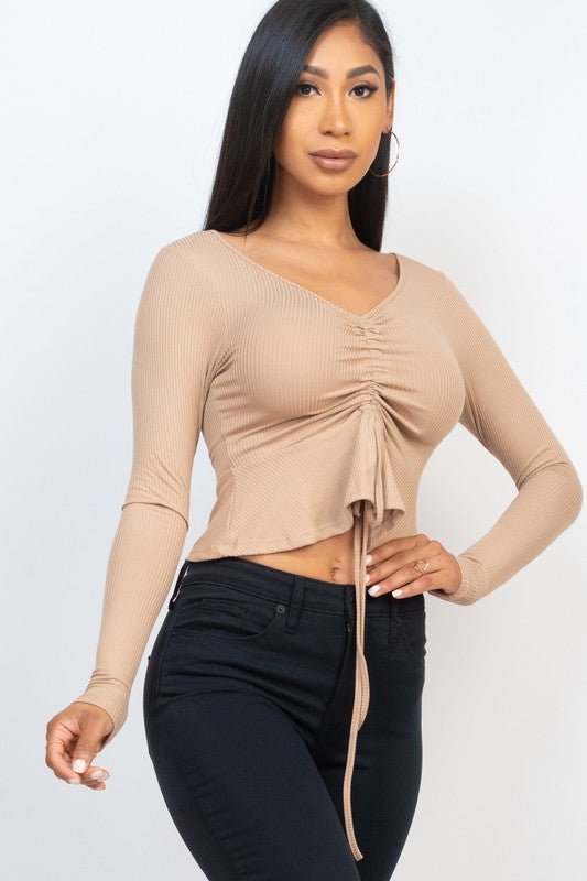 Casual Essentials Drawstring Front Long Sleeve Peplum Top - ShopRbls