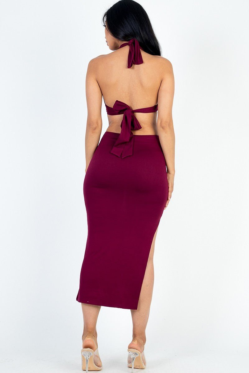 Casual Luxe Halter Neck Cut Out Split Thigh Midi Dress - ShopRbls