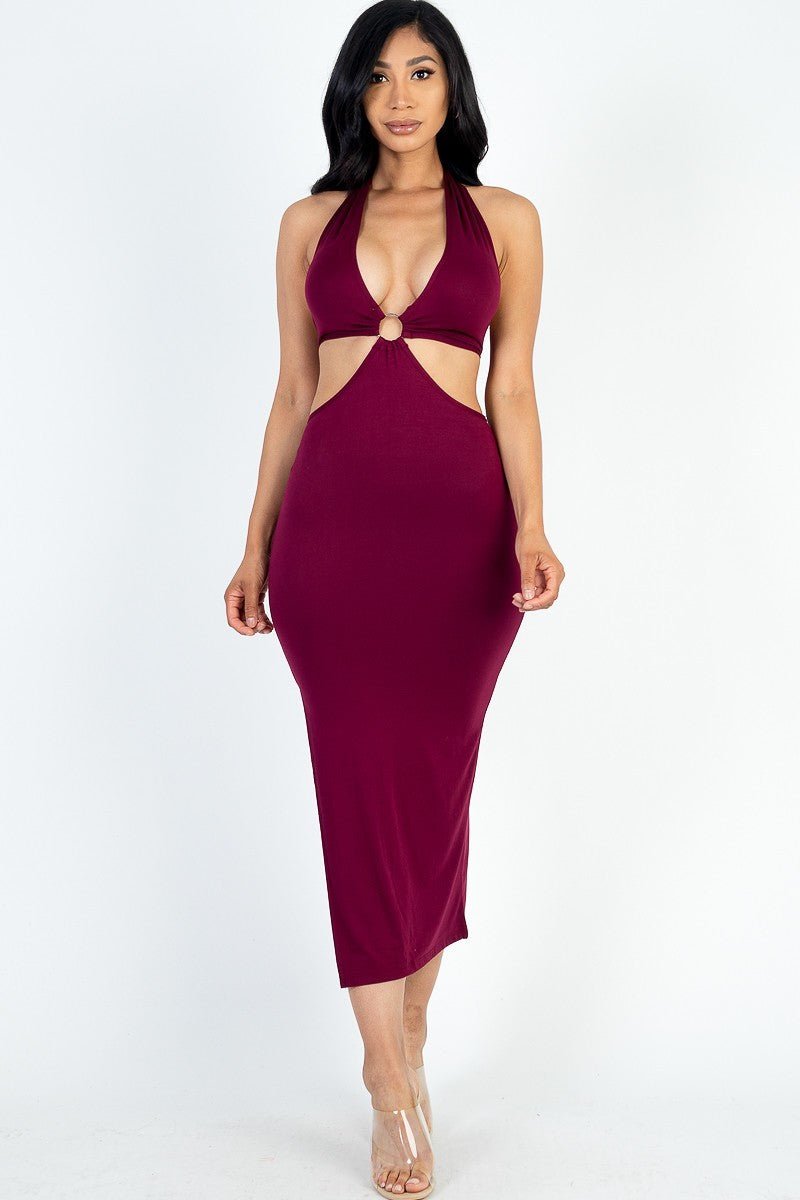 Casual Luxe Halter Neck Cut Out Split Thigh Midi Dress - ShopRbls