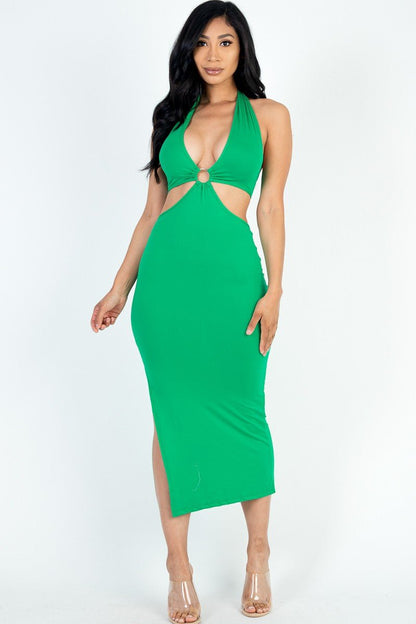 Casual Luxe Halter Neck Cut Out Split Thigh Midi Dress - ShopRbls