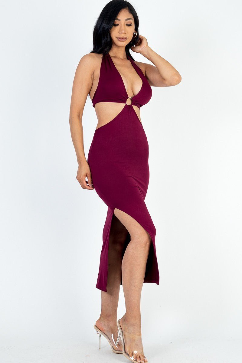 Casual Luxe Halter Neck Cut Out Split Thigh Midi Dress - ShopRbls
