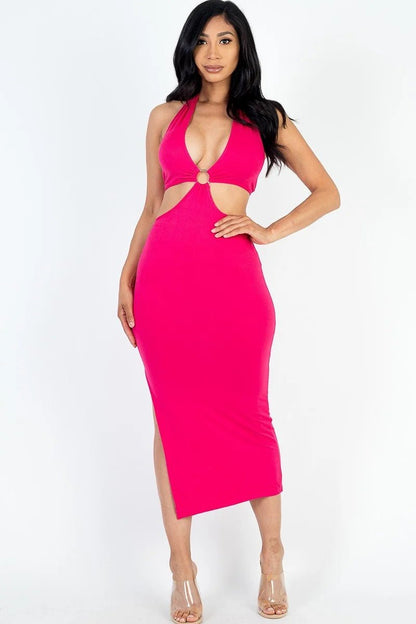 Casual Luxe Halter Neck Cut Out Split Thigh Midi Dress - ShopRbls