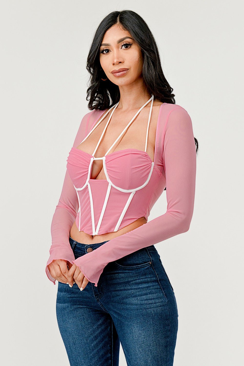 Cecilia Long Sleeve Contrast Binding Mesh Corset Top - ShopRbls