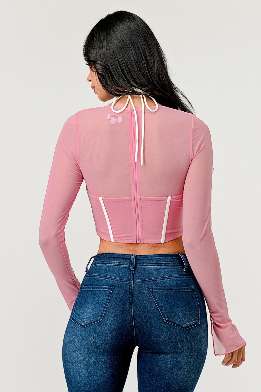 Cecilia Long Sleeve Contrast Binding Mesh Corset Top - ShopRbls