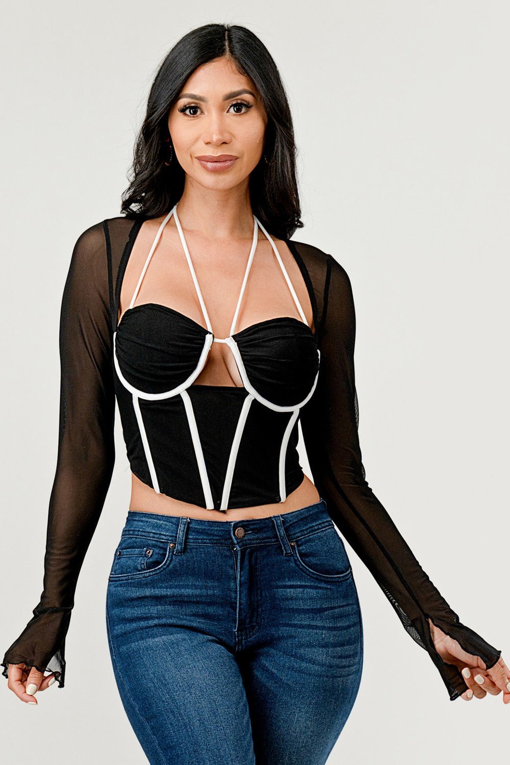 Cecilia Long Sleeve Contrast Binding Mesh Corset Top - ShopRbls