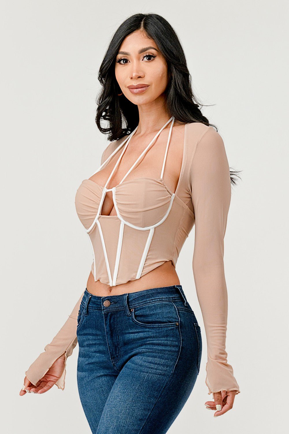 Cecilia Long Sleeve Contrast Binding Mesh Corset Top - ShopRbls