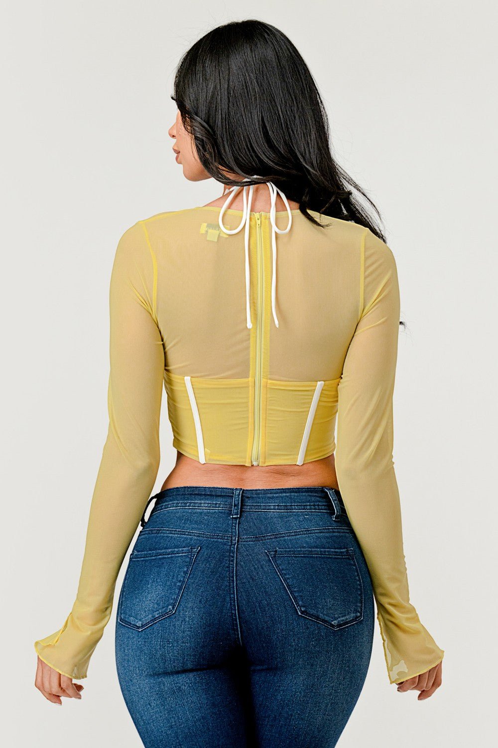 Cecilia Long Sleeve Contrast Binding Mesh Corset Top - ShopRbls